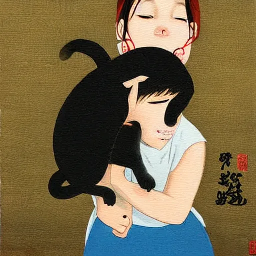 Image similar to Two girls struggling to hold a very angry and annoyed cat who is attempting to flee, painting by Yoshitomo Nara