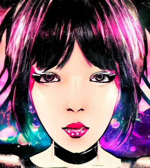 Prompt: very beautiful closeup portrait of a black bobcut hair style futuristic magical girl in a blend of manga - style art, augmented with vibrant composition and color, all filtered through a cybernetic lens, by hiroyuki mitsume - takahashi and noriyoshi ohrai and annie leibovitz, dynamic lighting, flashy, modern, black and white stripes