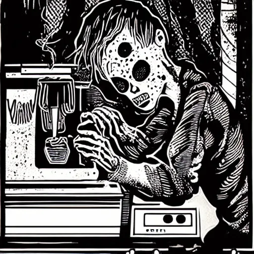 Image similar to woodcut, vhs cover, 1 9 8 3, horror, coffee shop, espresso machine, barista zombie, los angeles, designed by charles burns