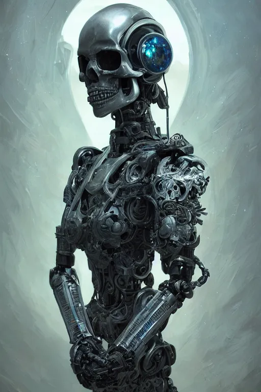 Image similar to a robot holding a human skull, rune-engraved armor, cyberpunk, sci-fi, fantasy, intricate, elegant, highly detailed, digital painting, artstation, concept art, smooth, 8k octane render, extremely hyperdetailed, intricate complexity, sharp focus, illustration, art by artgerm and greg rutkowski and beeple