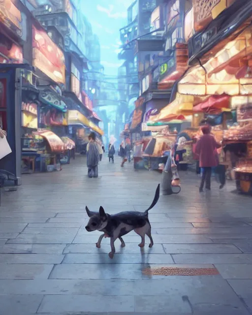 Image similar to a tiny dog walking through a crowded street filled with bodegas and food vendors, blue fur, a man is juggling avocados, Anime. Soft lighting, 8K, octane render. By Makoto Shinkai, Stanley Artgerm Lau, WLOP, Rossdraws, James Jean, Andrei Riabovitchev, Marc Simonetti, krenz cushart, Sakimichan, D&D trending on ArtStation, digital art.