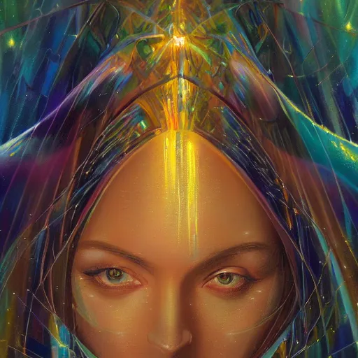Prompt: detailed face of a woman, large hadron collider, dimensional portal, wet reflections, prism, atmospheric, ambient, pj crook, syd mead, livia prima, artgerm, greg rutkowski, nick alm, casey baugh