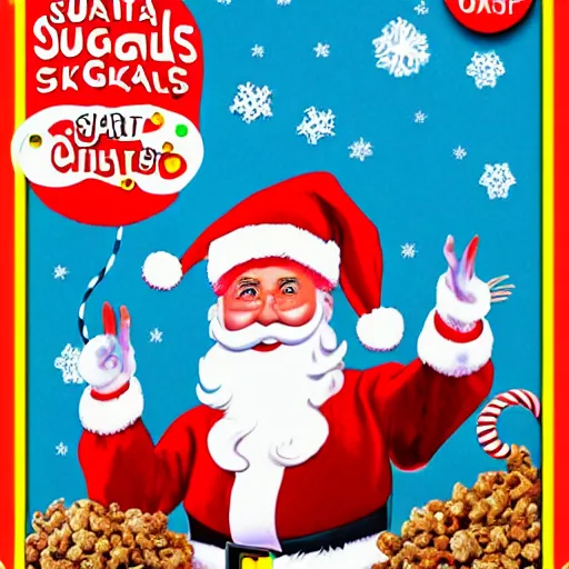 Image similar to grotesque cover illustration on a box of evil Santa kids' sugar cereal