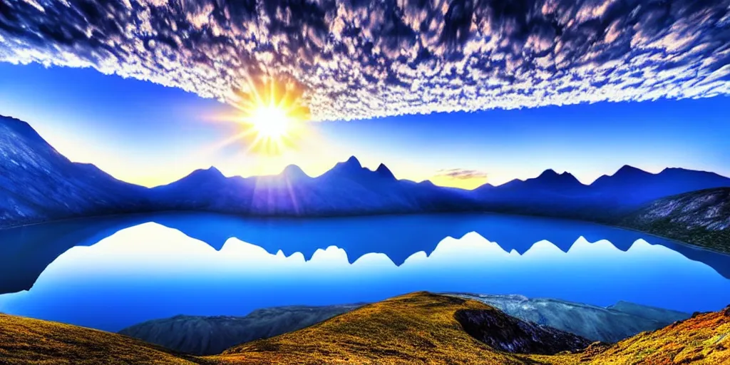 Image similar to a beautiful landscape, sun rises between two mountains, a lake in between the mountains, blue sky, cloudy, photograph, high resolution, extremely detailed, hyper realism