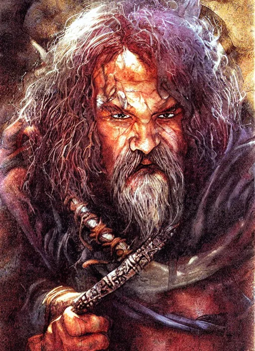 Prompt: portrait of dwarf sorcerer, beautiful! coherent! dungeons and dragons character, by brian froud, larry elmore, gerald brom, ralph horsley, wayne reynolds, strong line, deep color, chainmail, short red hair, high contrast