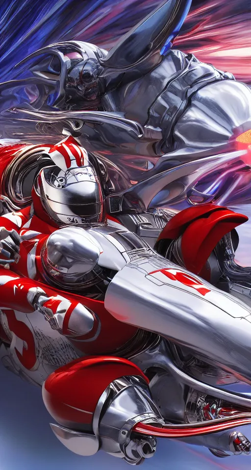 Image similar to Speed Racer Designed By Moebius Yasushi Nirasawa and HR Giger, full body action pose, hyperrealistic, octane render, HDR, volumetric lighting,