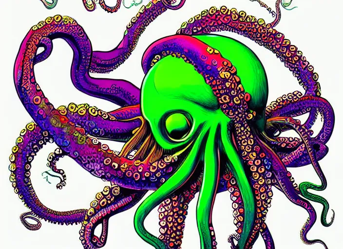 Image similar to highly detailed graphitti, Cthulhu, octopus, waves, bold colors, graphitti, digital spray paint graphitti