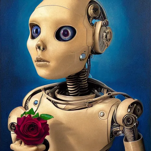 Prompt: hyperrealistic expressive! robot, small, young, cute, large expressive eyes, biped, holding a rose, concept art masterpiece brad kunkle hannah yata dramatic blue light low angle hd 8 k sharp focus