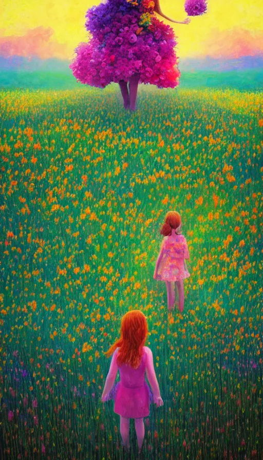 Image similar to girl with giant flower as a face and flower dress, standing in a flower field hills, big trees, sunrise dramatic light, impressionist painting, colorful clouds, digital painting, pointillism, artstation, simon stalenhag