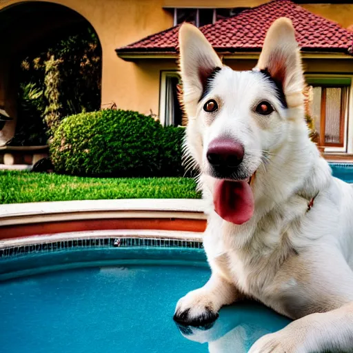 Image similar to a very detailed photo of a dog ( smoking a cigar ) outside the mansion by the pool