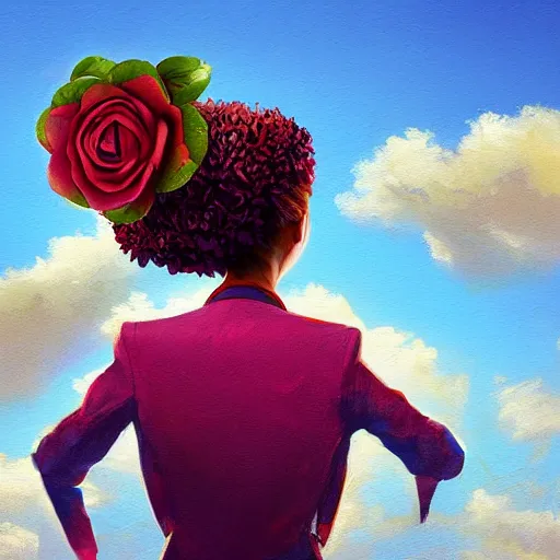 Image similar to closeup, giant rose flower head, frontal, girl in a suit, surreal photography, sunrise, blue sky, dramatic light, impressionist painting, digital painting, artstation, simon stalenhag