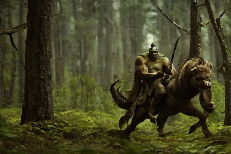 Image similar to vfx movie closeup detailed ancient warrior orc hunting elk in the forest, natural lighting by emmanuel lubezki