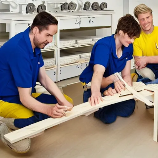 Prompt: ikea employees building a wooden kit plane, photo realistic