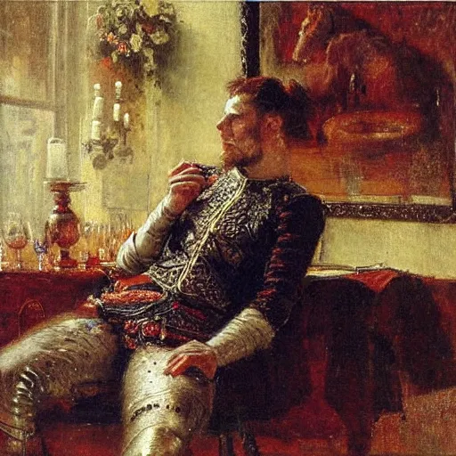Image similar to portrait of silver knight resting his legs on a table, by gaston bussiere