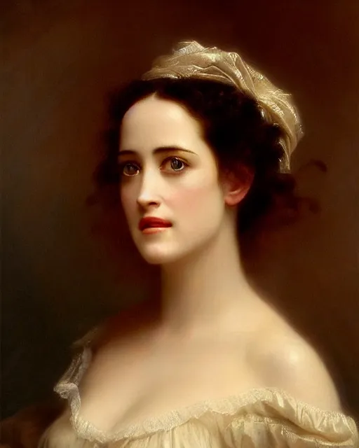 Prompt: movie character portrait en buste of eva green vesper lynd vannessa ives by Hughes Merle, by Pierre Auguste Cot, perfectly detailed eyes, realistic fabric, abundant detail