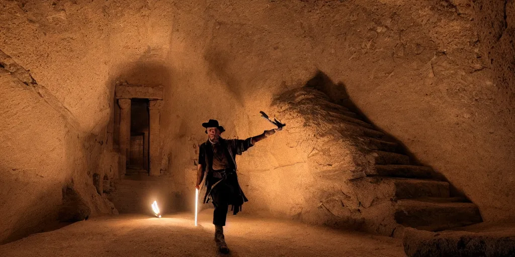 Prompt: Indiana Jones with a torch walking down a staircase into a dark Ancient Egyptian Sandstone tomb