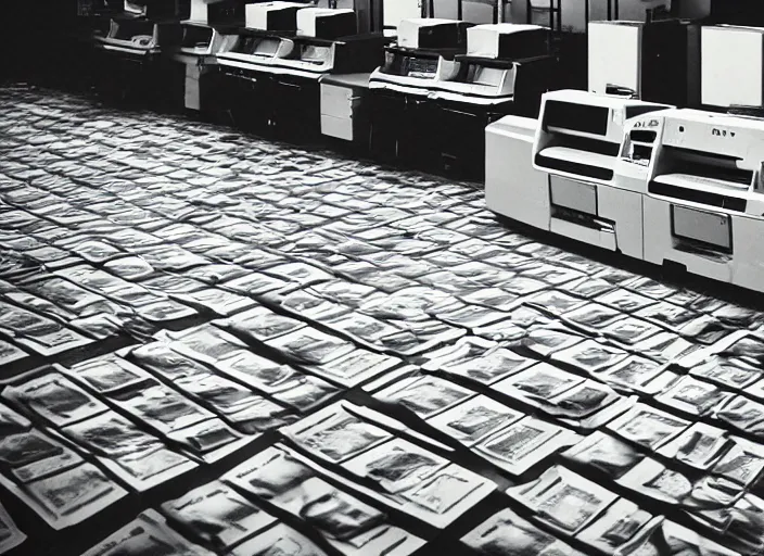 Image similar to data processing plant, with retro matrix printers rapidly printing sheets of paper overflowing onto the floor. 2000s computer ad style picture in high contrast color