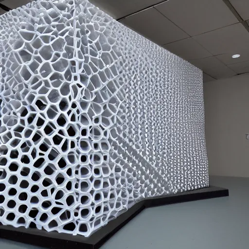 Prompt: 3d printed Hexa façade , Voronoi, parametric design