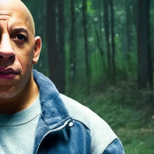 Prompt: Vin Diesel as Eleven from Stranger Things, realistic, cinematic, high detail
