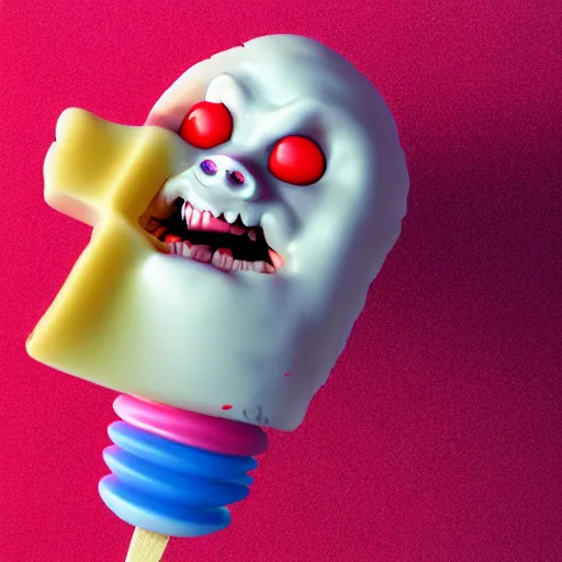 Prompt: ice cream popsicle shaped like screaming chucky doll, octane render