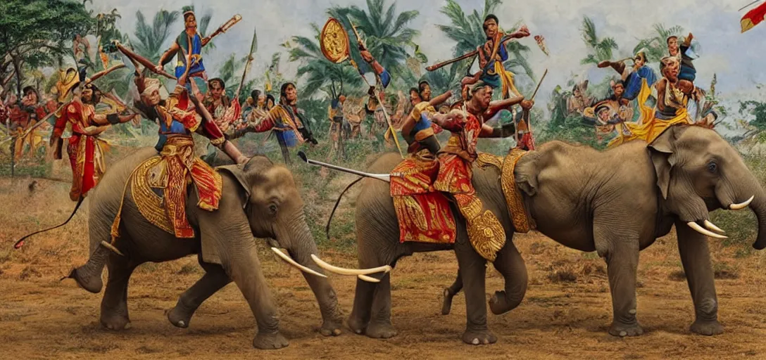 Prompt: the elephant duel of king naresuan of ayutthaya versus crown prince mingyi swa of burma in burmese - siamese war, warlords fight on back of their decorative war elephants, high quality realistic face, a colorized photo, colorized, # film, movie still