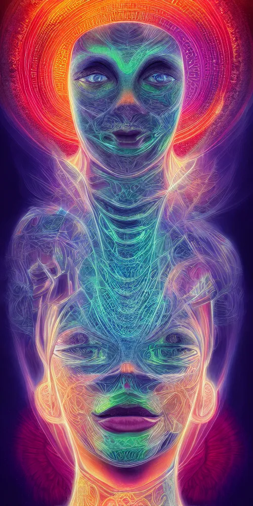 Image similar to ai transcendence into collaborative intelligence, connectedness, body, by alex grey, album cover, award winning, beautiful, colorful, volumetric lighting, trending on artstation, cinematic