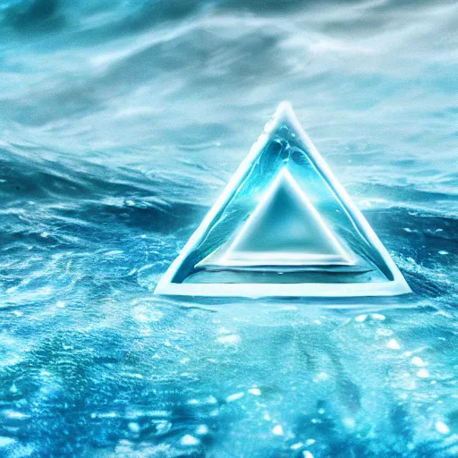 Prompt: water artwork manipulation inside the shape of a triangle on the ocean water, ray tracing, realistic water, focus, long shot, 8 k resolution, cinematic, water art photoshop