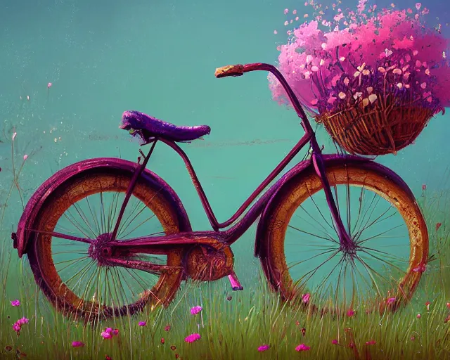 Prompt: old bicycle overgrown with weeds and flowers, sylvain sarrailh, artstation, petros afshar