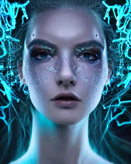 Image similar to bioluminescent long exposure light painting of a beauteous biomechanical practical sumptuous full frame photo realistic face, lifelike incredible hair, crystalline masterpiece incrustations, hyperdetailed face, elegant pose, movie still, intricate, octane render, cinematic forest lighting,