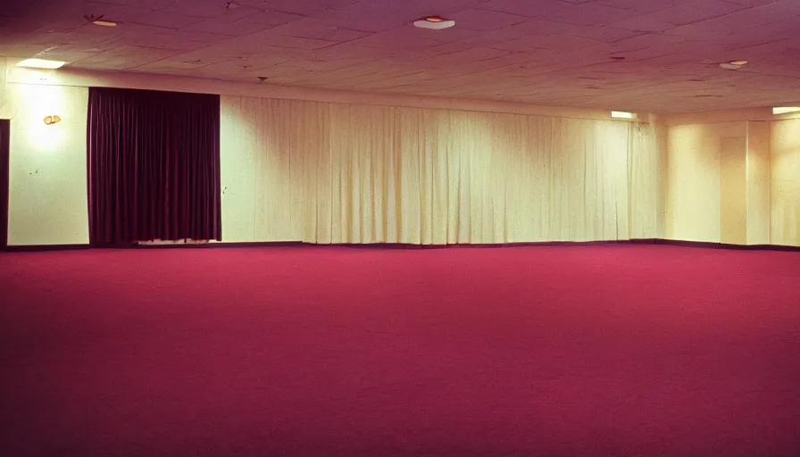 Image similar to 60s movie still of empty municipal ballroom with beds, cinestill 800t 50mm eastmancolor, liminal Space style, heavy grain-s 150