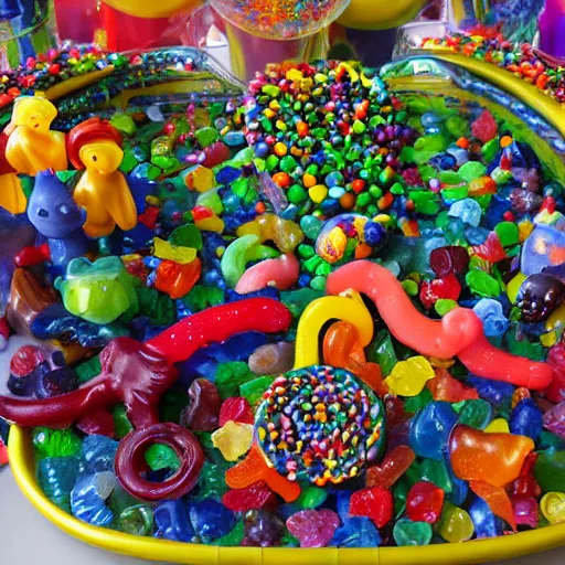 Image similar to Bosch Garden of Earthly Delights, candy, sculpted out of candy, gummy candies, gummy bears, gummy worms, colorful award-winning photo of candy, happy smiley