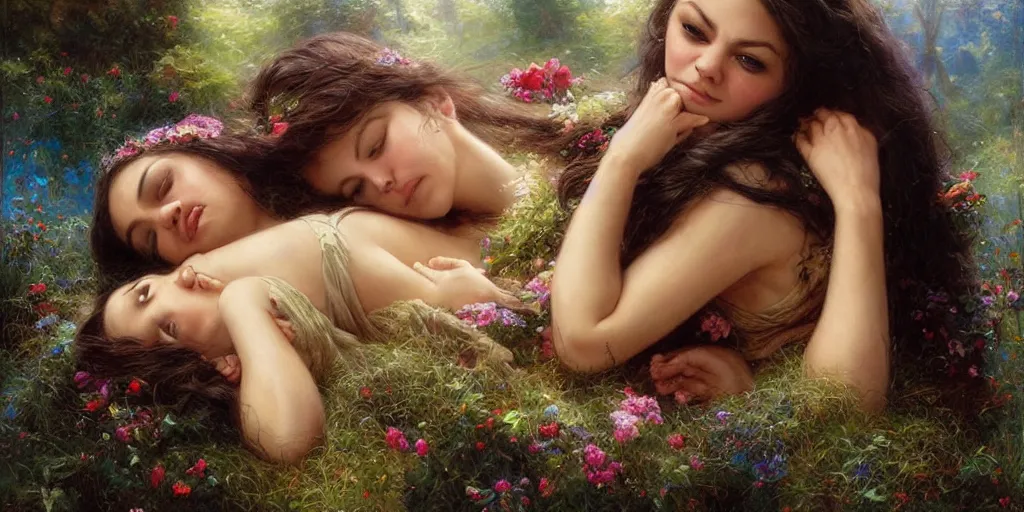 Image similar to Mila Kunis falling asleep, Lilia Alvarado, Sophie Anderson, Mark Arian, Bob Byerley, Charlie Bowater, Mark Brooks, Steve Henderson, Justin Gerard, Arthur Hughes, Edward Robert Hughes, Mark Keathley, Victor Nizovtsev, Carlos Shwabe, Ross Tran, WLOP