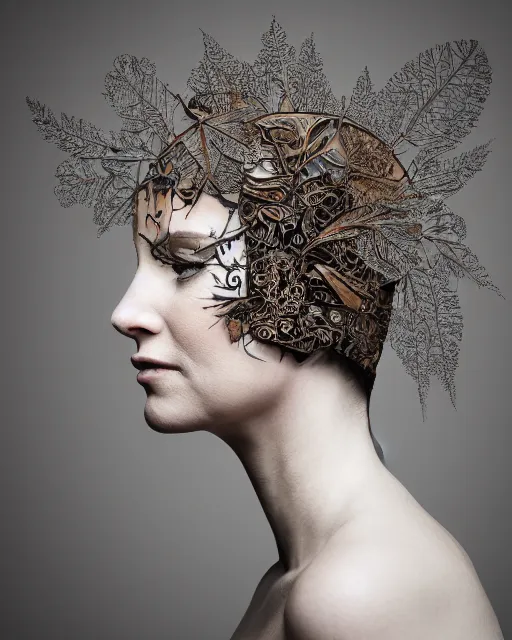 Image similar to a woman's face in profile, wearing a vintage motorcycle helmet made of intricate delicate leaf skeleton, in the style of the dutch masters and gregory crewdson, dark and moody