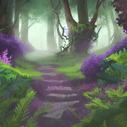 Image similar to wispy woods with purple leaves and otherworldly foliage, a dirt path going down the middle, concept art, detailed, vivid, intricate, 4 k