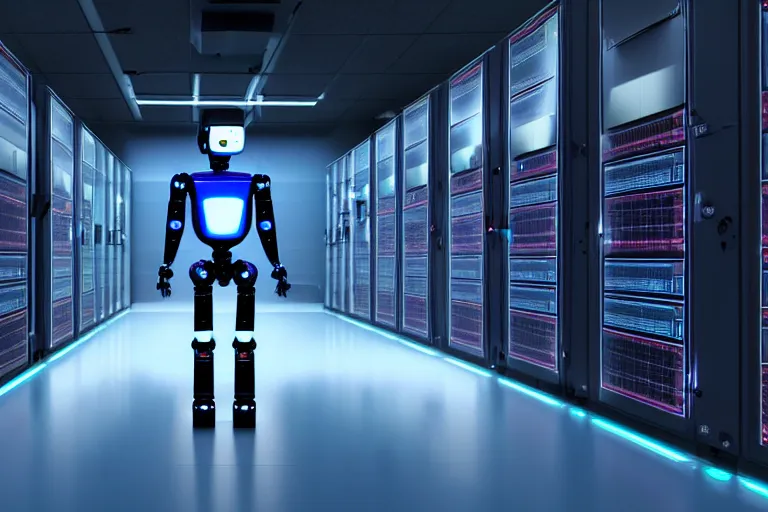 Image similar to full body robot with human face mask, bionical, on wheels, background data server room, neon and dark, illumination ray tracing hdr render in i am robot movie shot