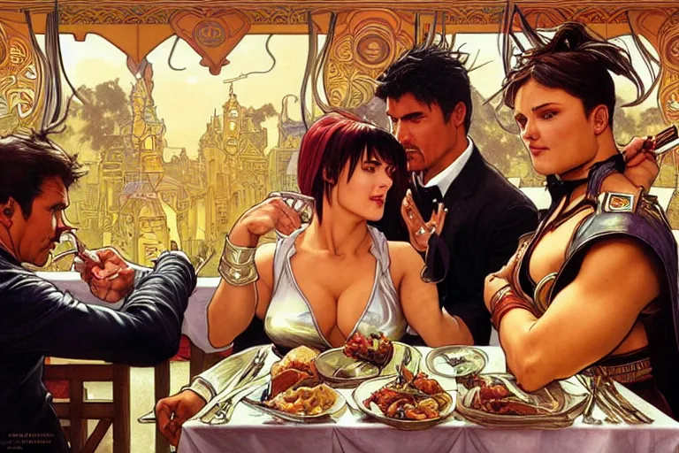 Image similar to xena warrior princess eating at a restaurant, with a hispanic man in a suit as her companion, art by artgerm and greg rutkowski and alphonse mucha