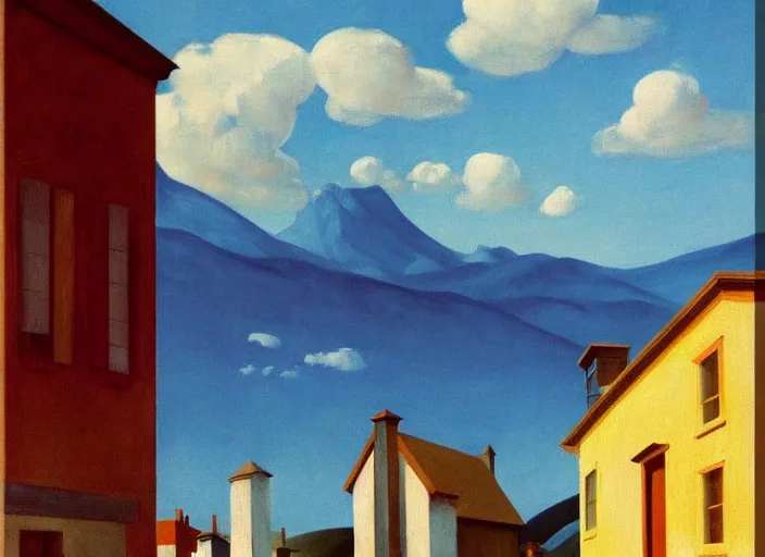 Image similar to alpine village, clouds, bird, open ceiling, strange foreign objects, oil painting by edward hopper, chirico and rene magritte