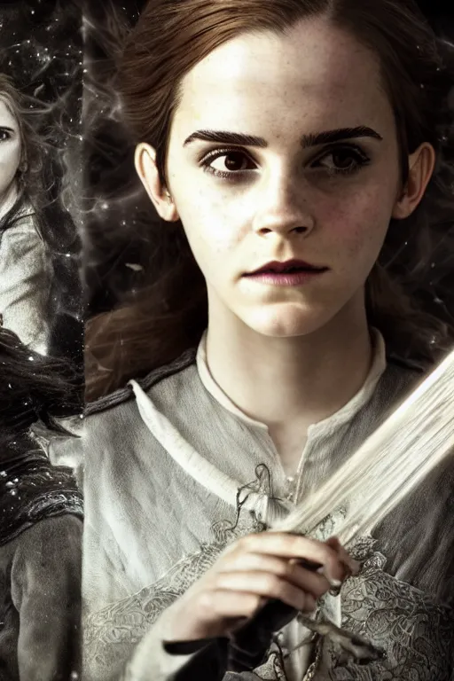 Image similar to a mix of of emma watson, anya taylor - joy and hermione granger, evil sorceress witch, lotr, movie still, hyperrealism, octane render, extremely detailed, intricate smoke magic, lace, style of mark ryden, earl nore, hyung tae, frank frazetta