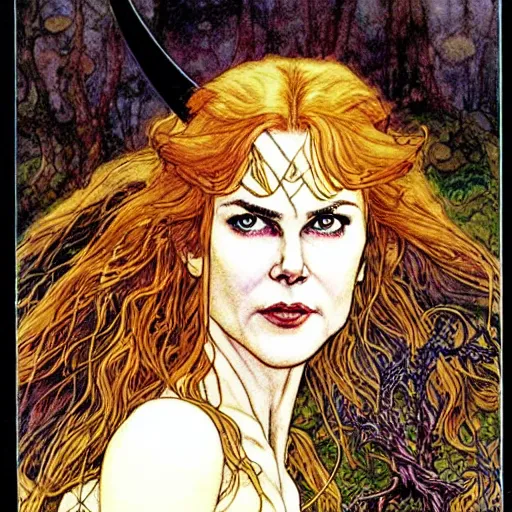 Image similar to a realistic, very beautiful and atmospheric portrait of a young and lithe nicole kidman as a druidic warrior wizard looking at the camera with an intelligent but seductive gaze by rebecca guay, michael kaluta, charles vess and jean moebius giraud