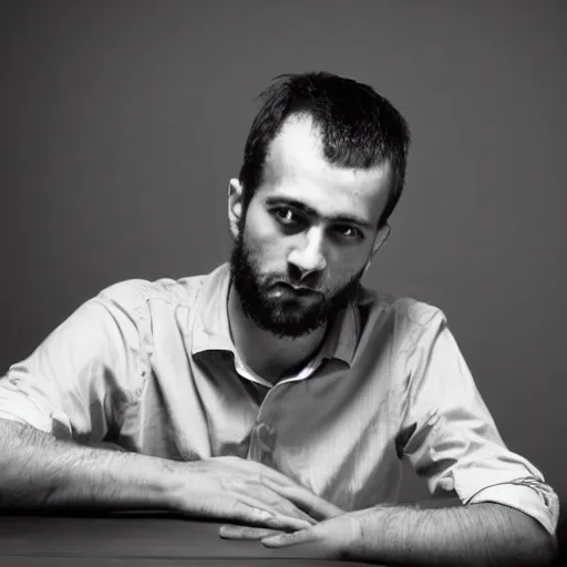 Image similar to portrait of a 3 0 years old frenchman in 2 0 2 0 seated at a table. award winning photography, 5 0 mm, studio lighting, black and white, contrasted.