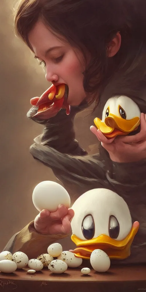 Image similar to realistic photography of a terrified donald duck eating hard boiled eggs, deep focus, intricate, elegant, highly detailed, digital painting, artstation, concept art, matte, sharp focus, illustration, art by artgerm and greg rutkowski and alphonse mucha