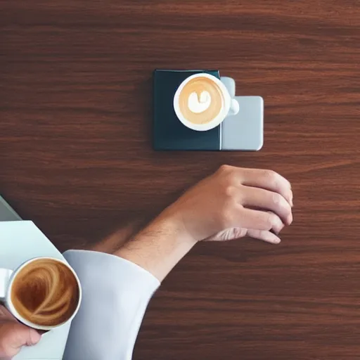 Prompt: photorealistic illustration of a person using a computer happily while drinking coffee