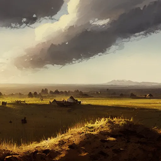 Prompt: plains landscape with a village in the distance, papyrus, watercolored, jakub rozalski, dieselpunk, artstation