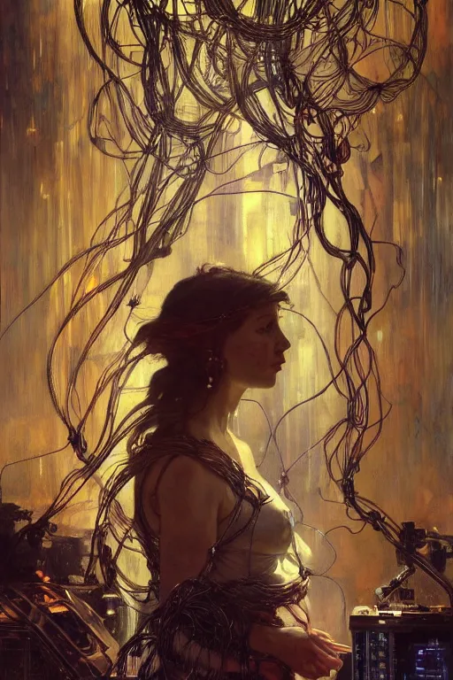 Image similar to hyperrealist portrait of a human with eagle head, it is decorated with long wires and feathers that fall like vines with lots of computer monitors in the background. by jeremy mann and alphonse mucha, fantasy art, photo realistic, dynamic lighting, artstation, poster, volumetric lighting, very detailed faces, 8 k, award winning