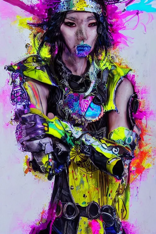 Prompt: a character wearing a diy costume with a lot of details, with fluo colored details, muted colors, satoshi con, hyper real painting