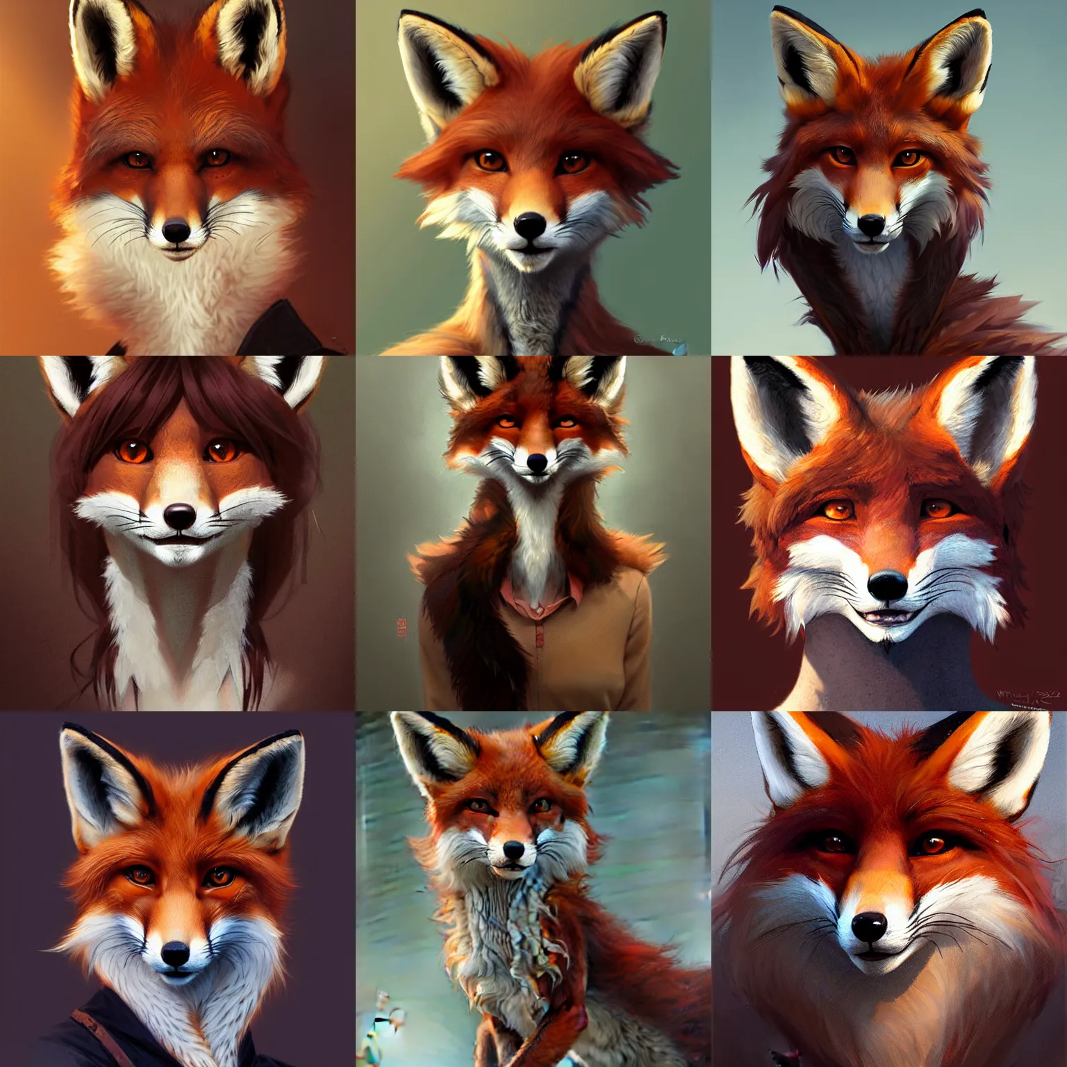 Prompt: a portrait of an anthropomorphic fox vixen, furry fursona, with dark brown bangs, fringe, and large eyes, by wlop, stanley lau, and greg rutkowski, detailed