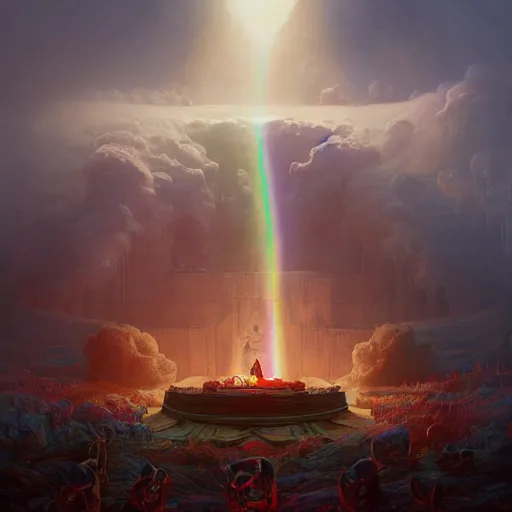 Image similar to The Rainbow cat enthroned in hell , hyperrealism, no blur, 4k resolution, ultra detailed, style of Dragan Bibin, Denis Villeneuve, Tyler Edlin, Greg Rutkowski, DeviantArt