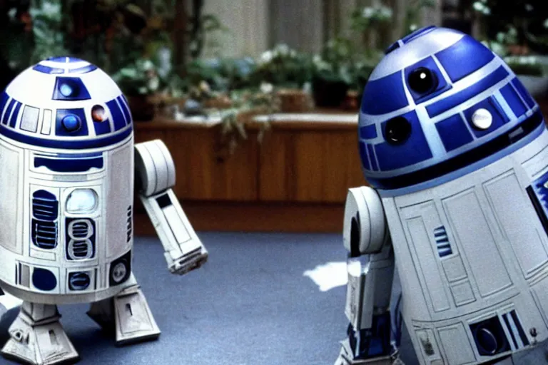 Image similar to a movie still from the 1989 romcom movie when Harry Met R2D2 starring Billy Crystal