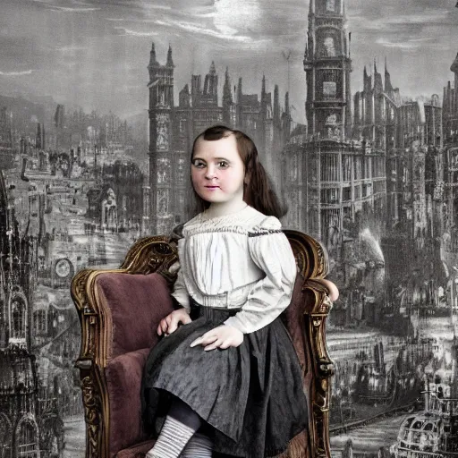 Image similar to a photo of young sad victorian gothic child with big eyes and wide grin sitting on a sofa of bones surrounded by a cyber futuristic cityscape made of human body parts, ultra detailed, 8 k resolution, beautiful lighting, expansive detailed layered city, landscape, 5 0 mm, perfect faces