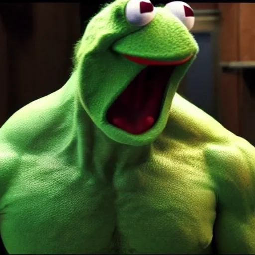 Image similar to photo of Kermit the frog as hulk in averngers movie